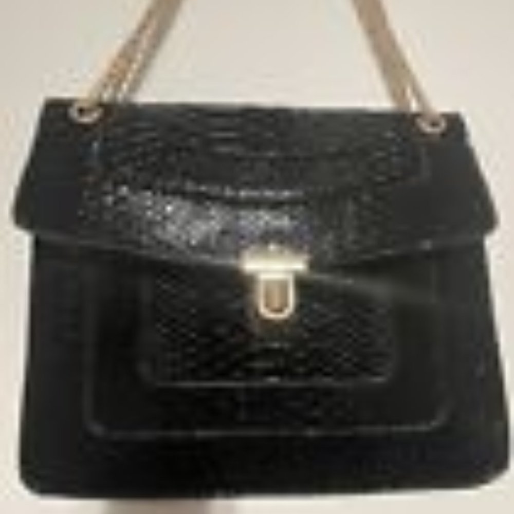 Angie Black Patent Leather Snake Print Handbag